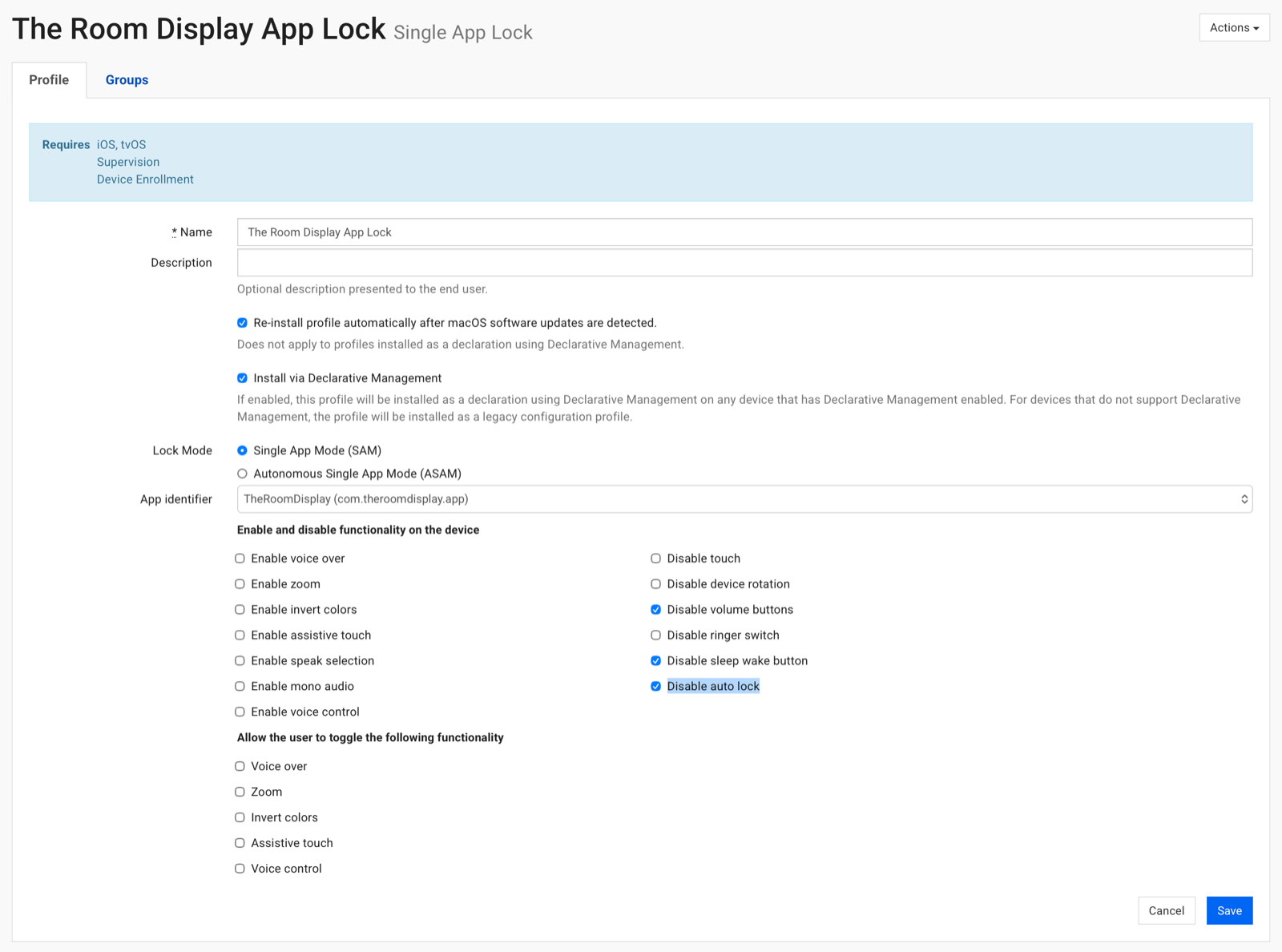 Perfil Single App Lock de SimpleMDM para The Room Display con la opción Disable auto lock activada