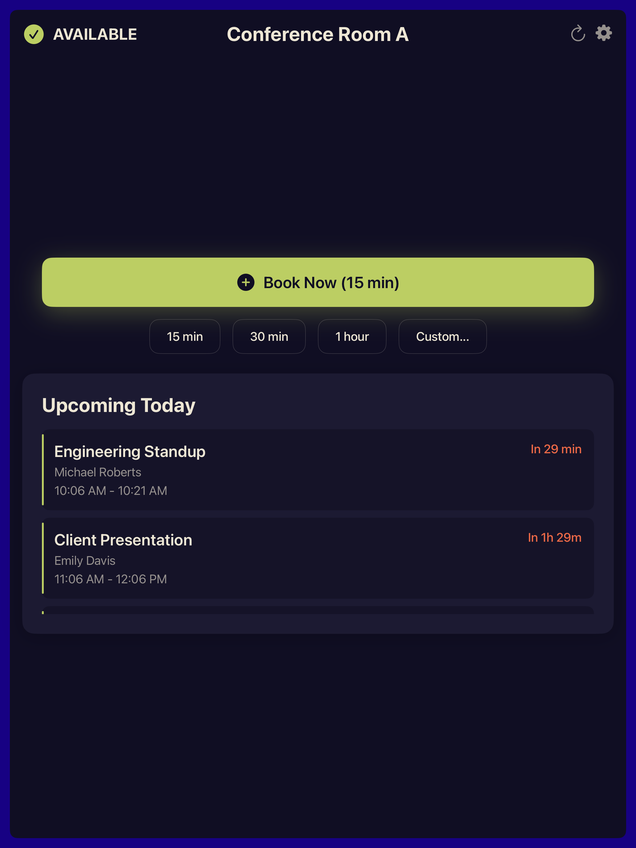 iPad showing room availability — green status, booking buttons, and upcoming meetings